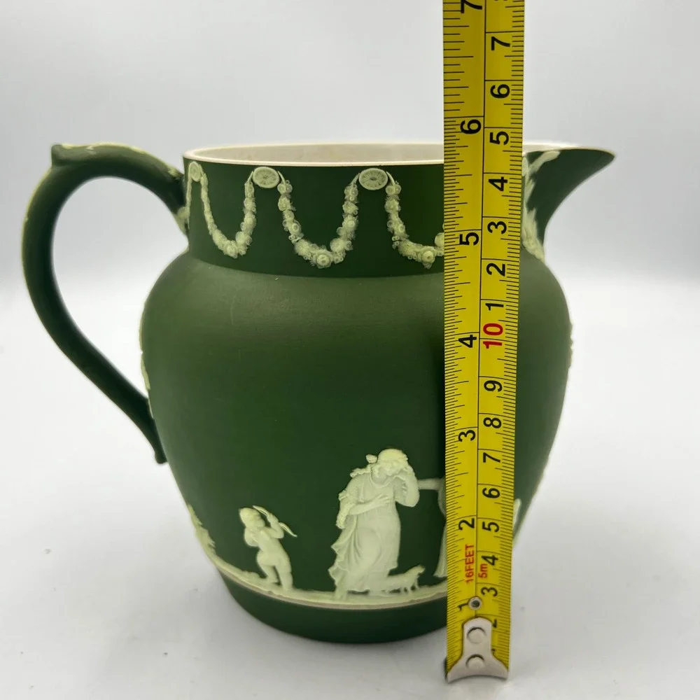 Antique Wedgwood Olive Green Jasper-Dip‎ Pitcher Classical Muses Relief 1800's